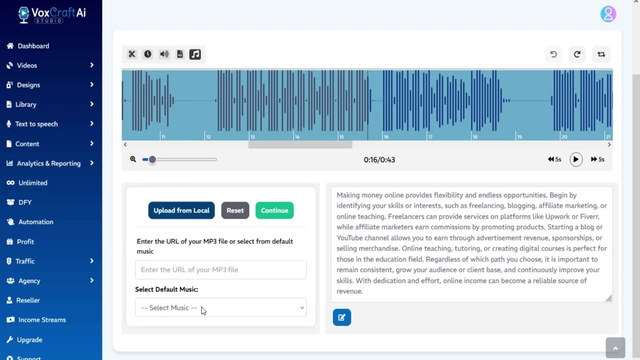 VoxCraftAI Studio Demo: It transforms any audio file into a high-quality video in under a minute.