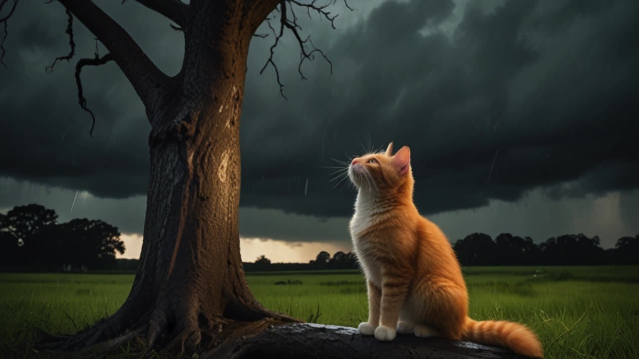 Cute cat is caught by heavy storm