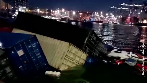 Cargo ship rolls onto its side at an Istanbul port