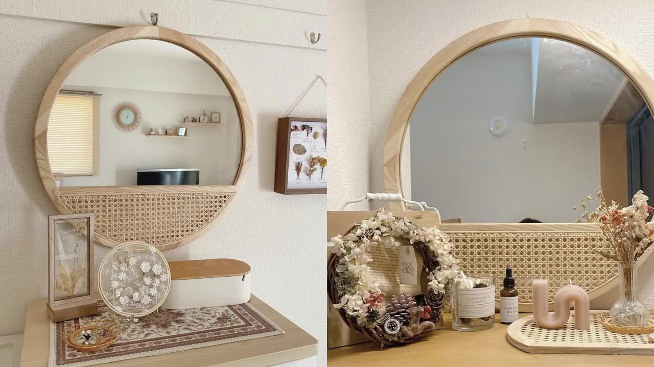 Rattan Shelf Wooden with Mirror Hanging Decoration