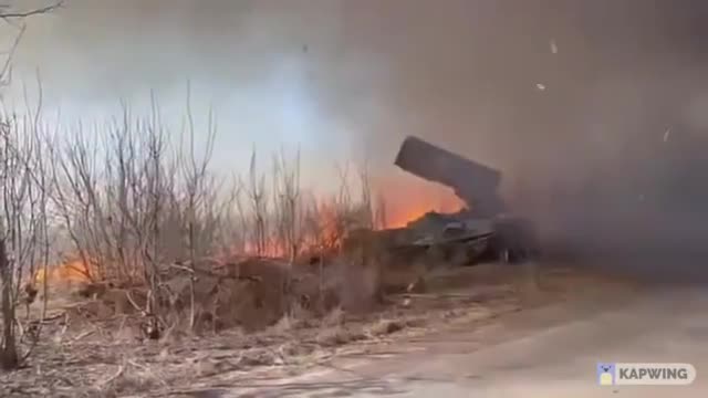 Russian TOS-1A THERMOBARIC MULTIPLE LAUNCH ROCKET system (MLRS) in action in Ukraine