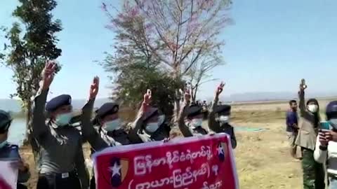 Police protest against Myanmar military coup