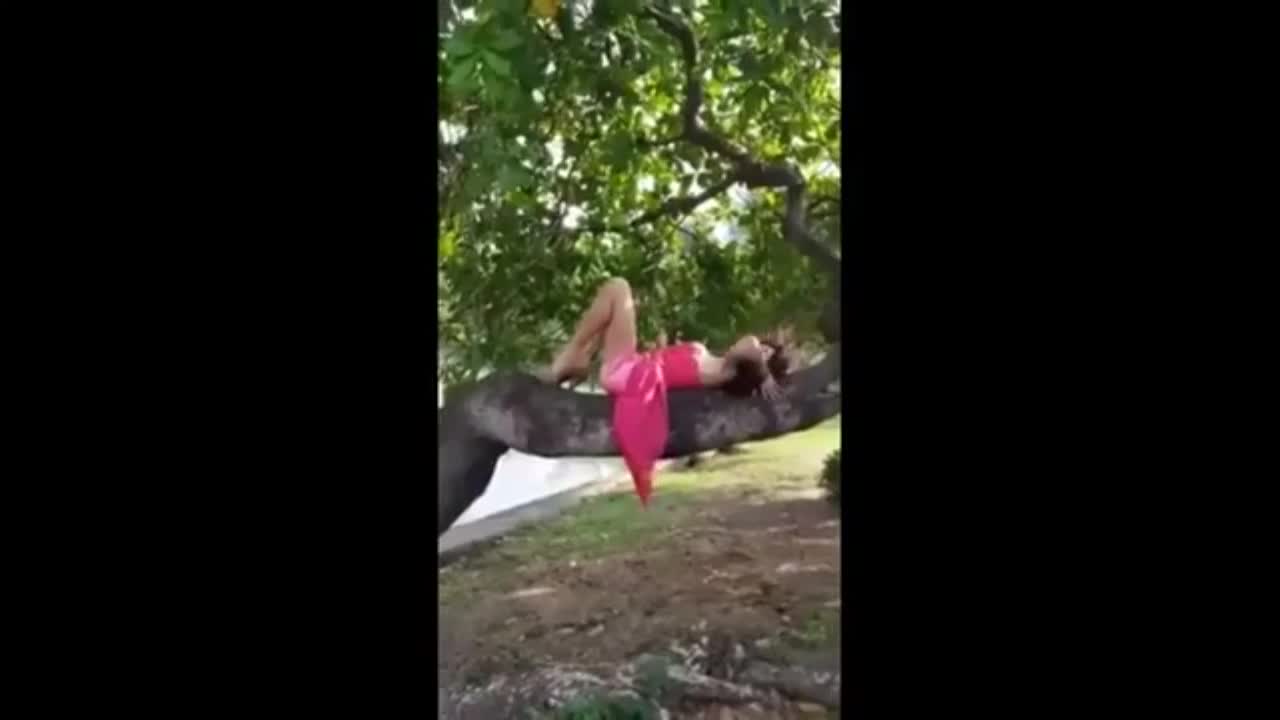 sexy model girl failed. fallen from a tree