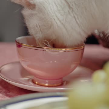 A Cat Licking On The Tea Cup Over The Table--FH