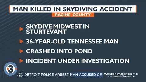 Skydiver dies after crashing into pond in southeastern WI