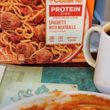 Eating Lean Cuisine Spaghetti With Meat Sauce, Dbn, MI, 10/22/23