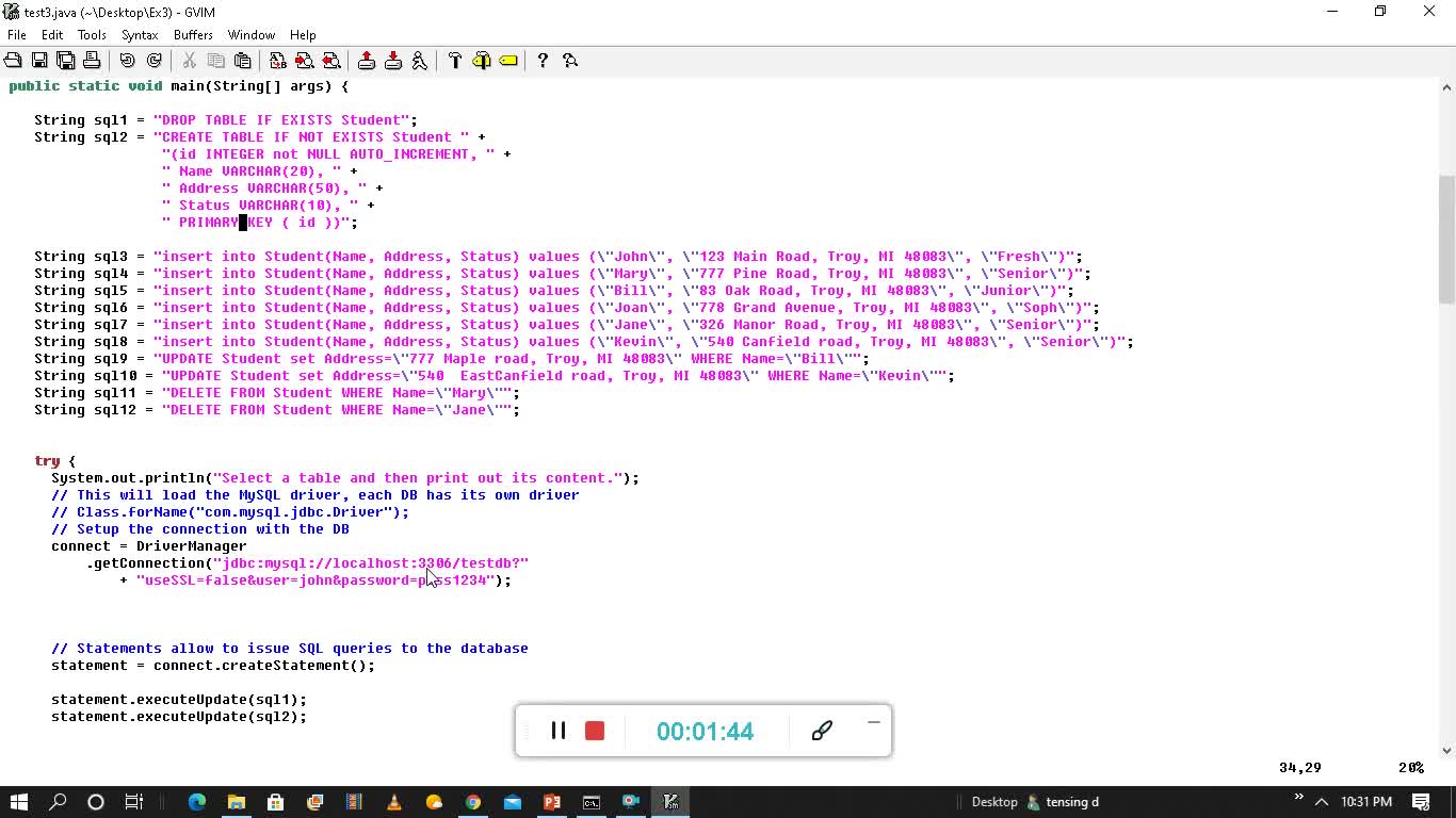 Excute SQL Commands like Create, Insert, Delete, Select and Update using Java Shell