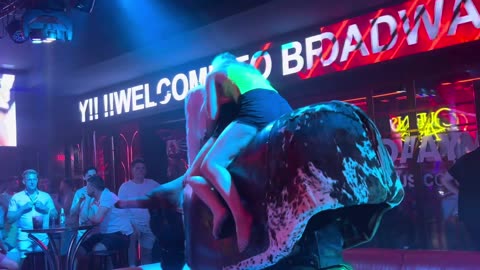 GIRL TAKE ON THE BULL! Benidorm Bull Ride. Mechanical Bull EPIC FAIL