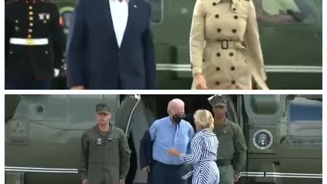 Trump vs Biden disembarking helicopter