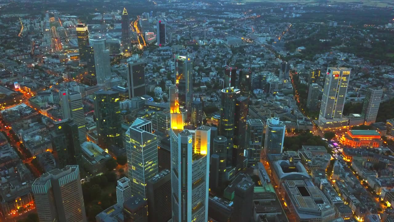 Aerial shot at dusk of the city of Frankfurt