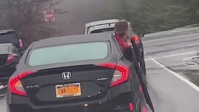 Girl Hangs Out of Car to Transport Empty Box