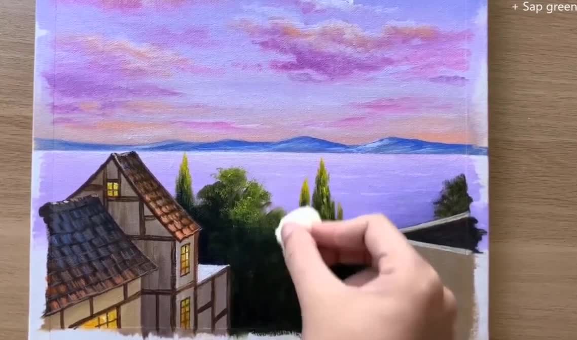 A town with ocean view painting step by step.