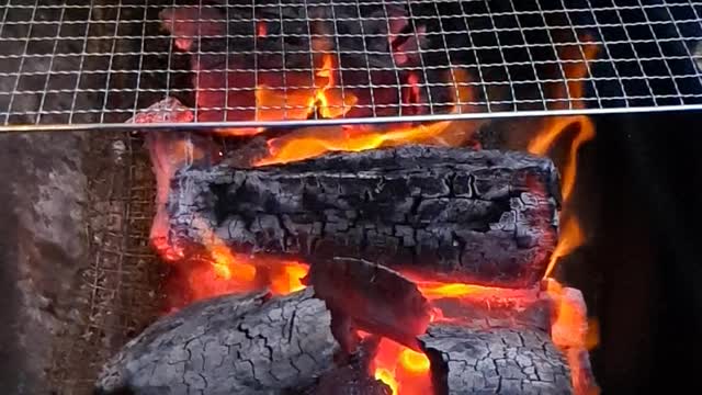 Grilling meat at a camping site