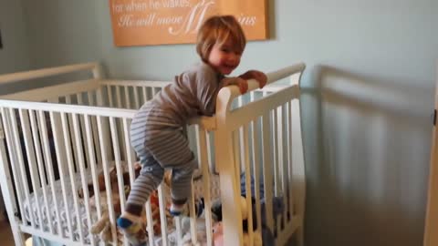 Sawyer climbs out of his crib