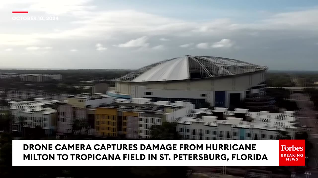 Drone Camera Captures Damage From Hurricane Milton To Tropicana Field In St. Petersburg, Florida