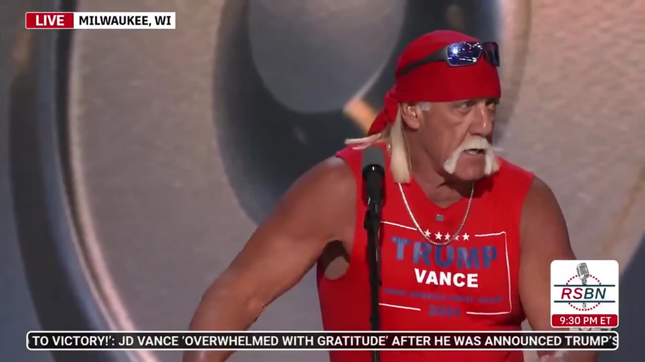 Hulk Hogan rips his shirt off while speaking at 2024 RNC