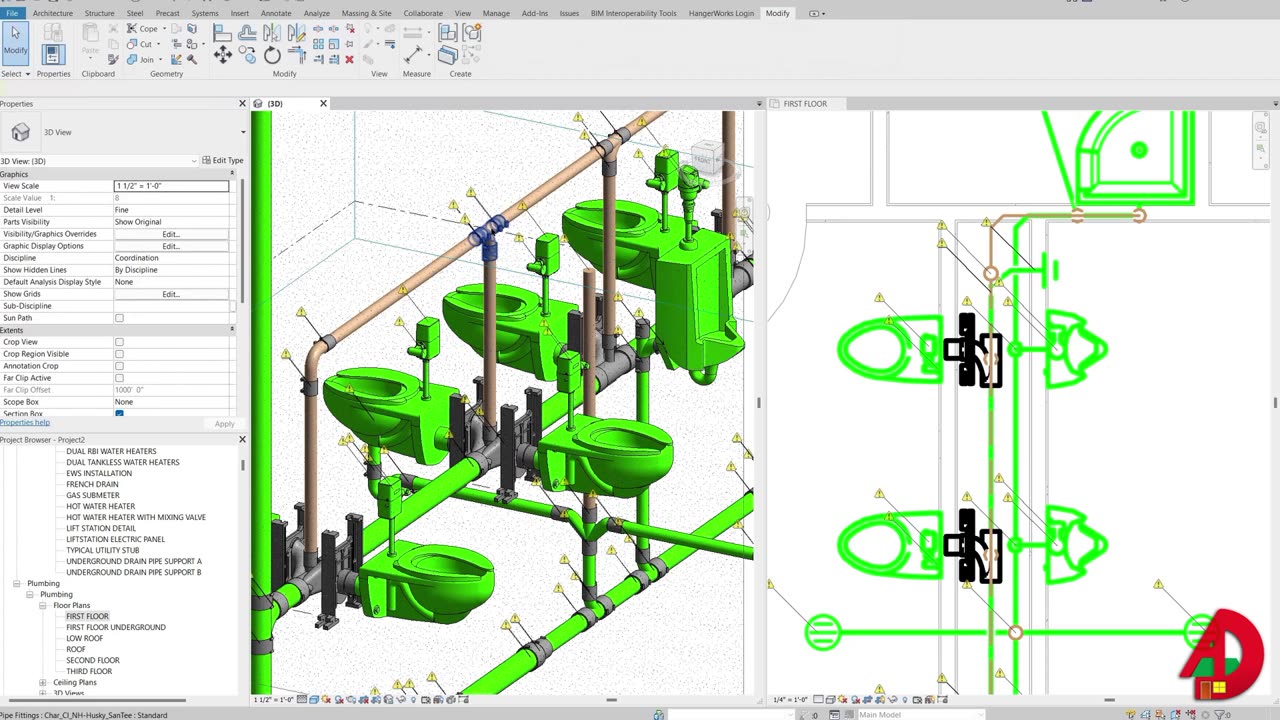 Plumbing Bathroom Core with Total Sanitary Fixture Units in Revit (Cast Iron)