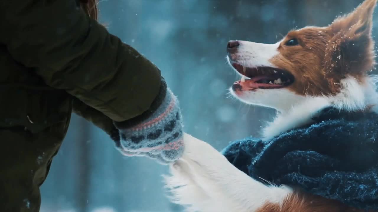 Woman and her border collie dog holding hands and looking at each other