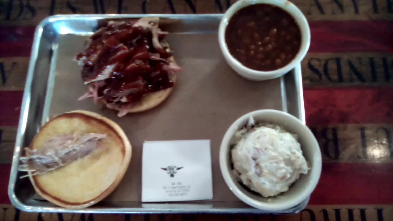 B&C BBQ - Pulled Pork, Baked Beans, Loaded Baked Potato Salad.