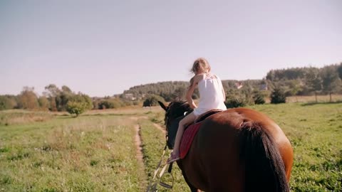 A happy little girl riding a horse in the nature on a sunny day