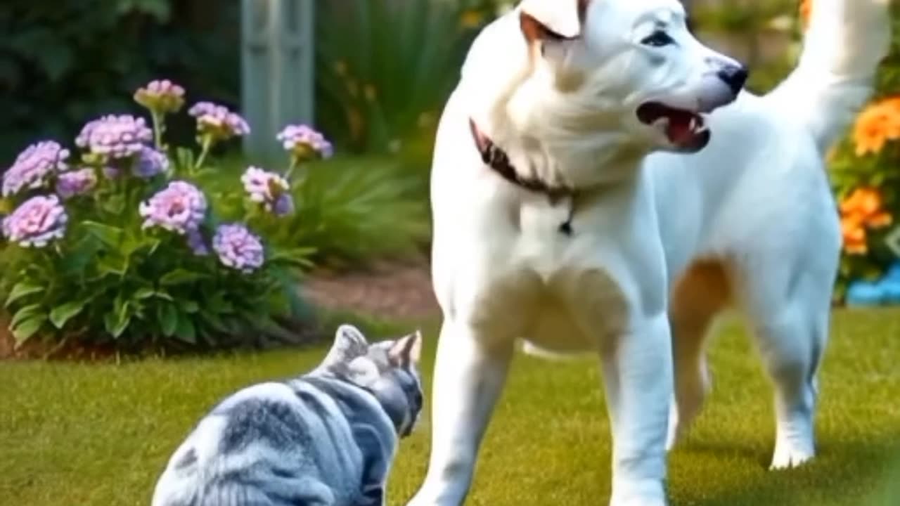 White dog and cat moving the play game White dog