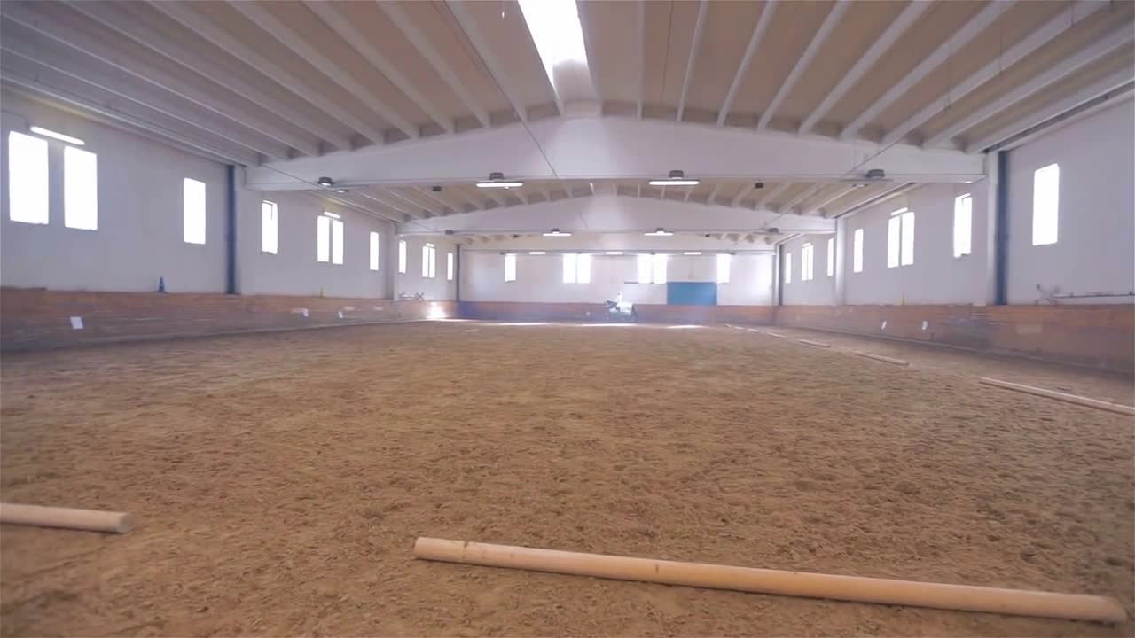 Jib Wide Shot of Horse Galloping in Huge Riding Hall