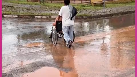 Kind man protects and helps woman.