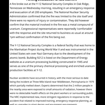 URANIUM Fire At Tennessee National Security Complex Forcing Evacuation Of 200 Staffers