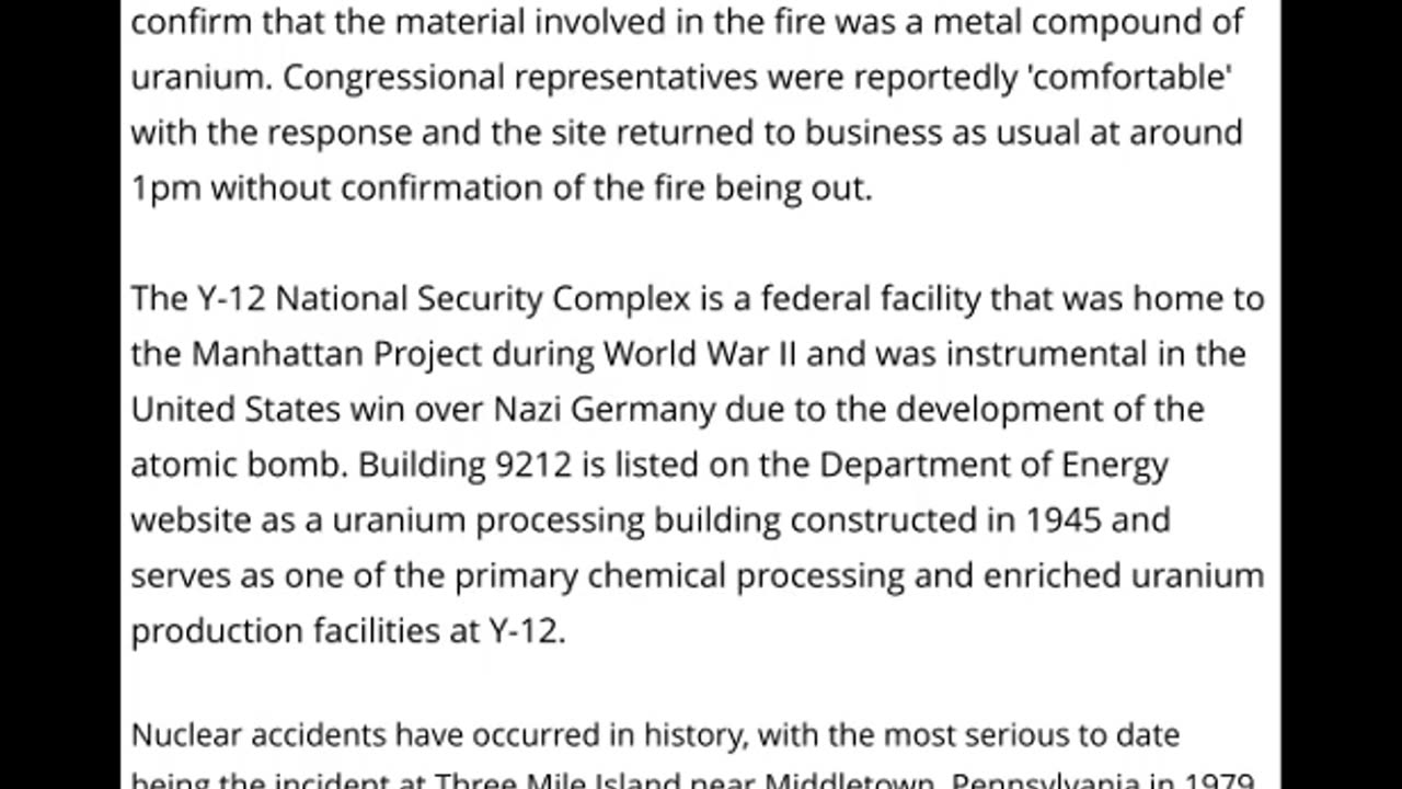 URANIUM Fire At Tennessee National Security Complex Forcing Evacuation Of 200 Staffers