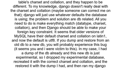 djangodbutilsOperationalError 3780 Referencing column and referenced column are incompatible