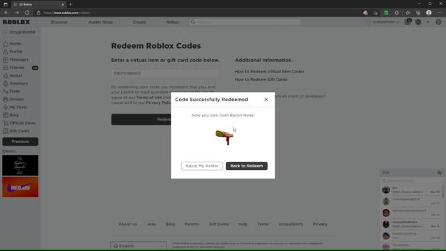 Redeeming Roblox virtual item codes.