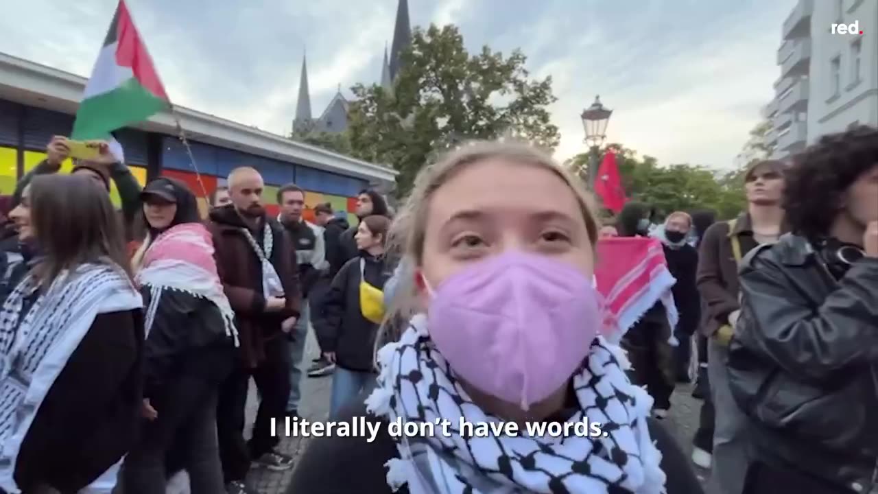 Greta Thunberg at a pro-Hamas rally on October 7, 2024.