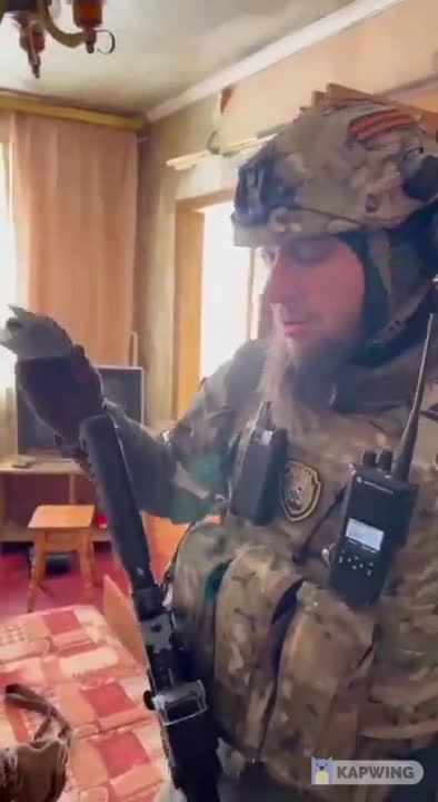 Pro- Russia Chechen fighters check captured Ukranian military ID