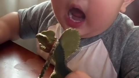 Very cute baby playing with dinosaurs