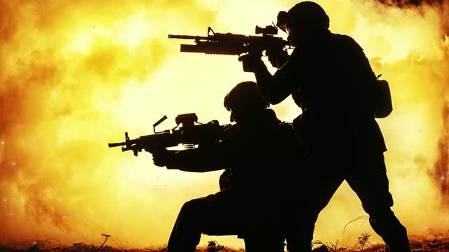 Black Silhouettes Of Soldiers With Explosion Background Loop No Copyright