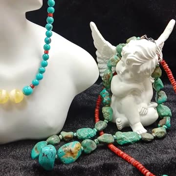 Natural turquoise with red coral beads and Calcite pendant gemstone necklace full strand 16inch06