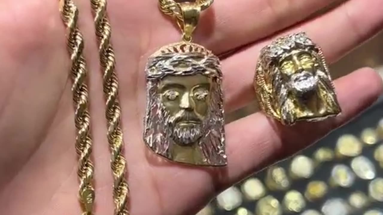 Real Gold Semi-Hollow Rope Chain, Jesus Pendant & Ring