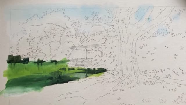 Opaque watercolor painting, summer is over, autumn has arrived. Step two.