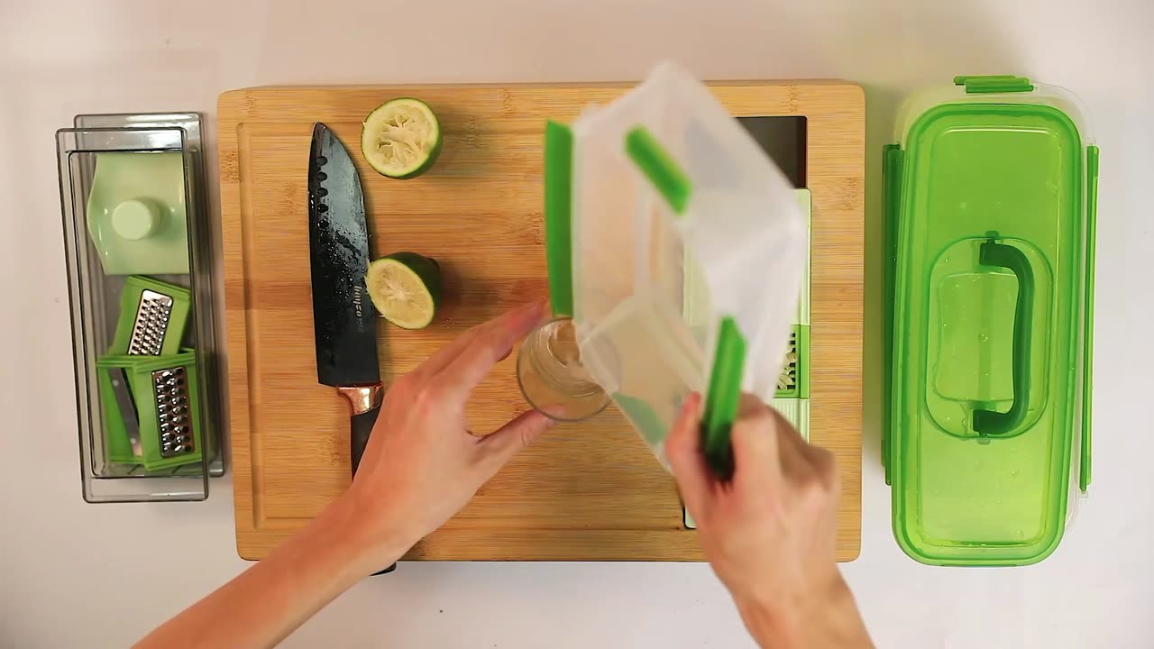 Smart Bamboo Cutting Board With Containers, Locking Lid, and Built-in GRATER.