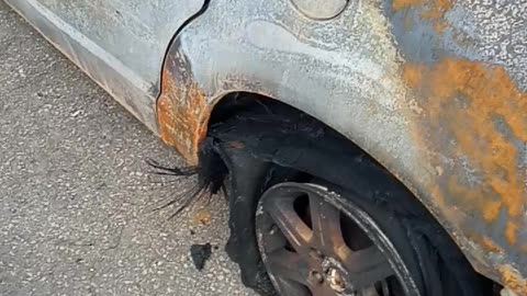 A car completely torched at a mech shop