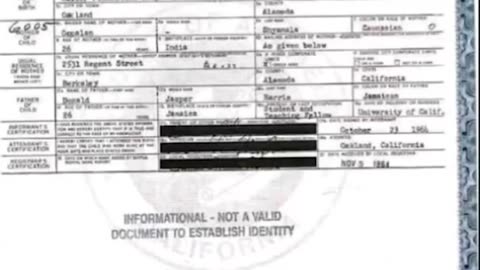 Kamala Harris birth certificate shows mom listed as caucasian and dad caucasian Hindu.