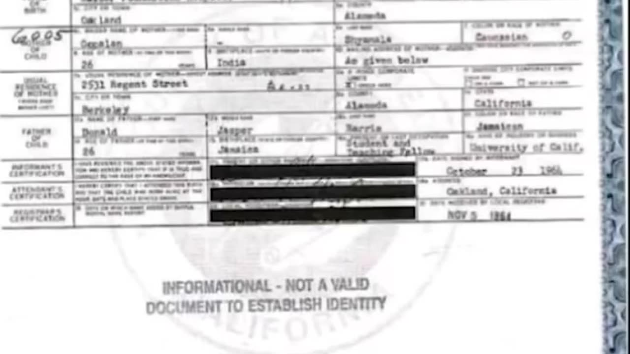 Kamala Harris birth certificate shows mom listed as caucasian and dad caucasian Hindu.