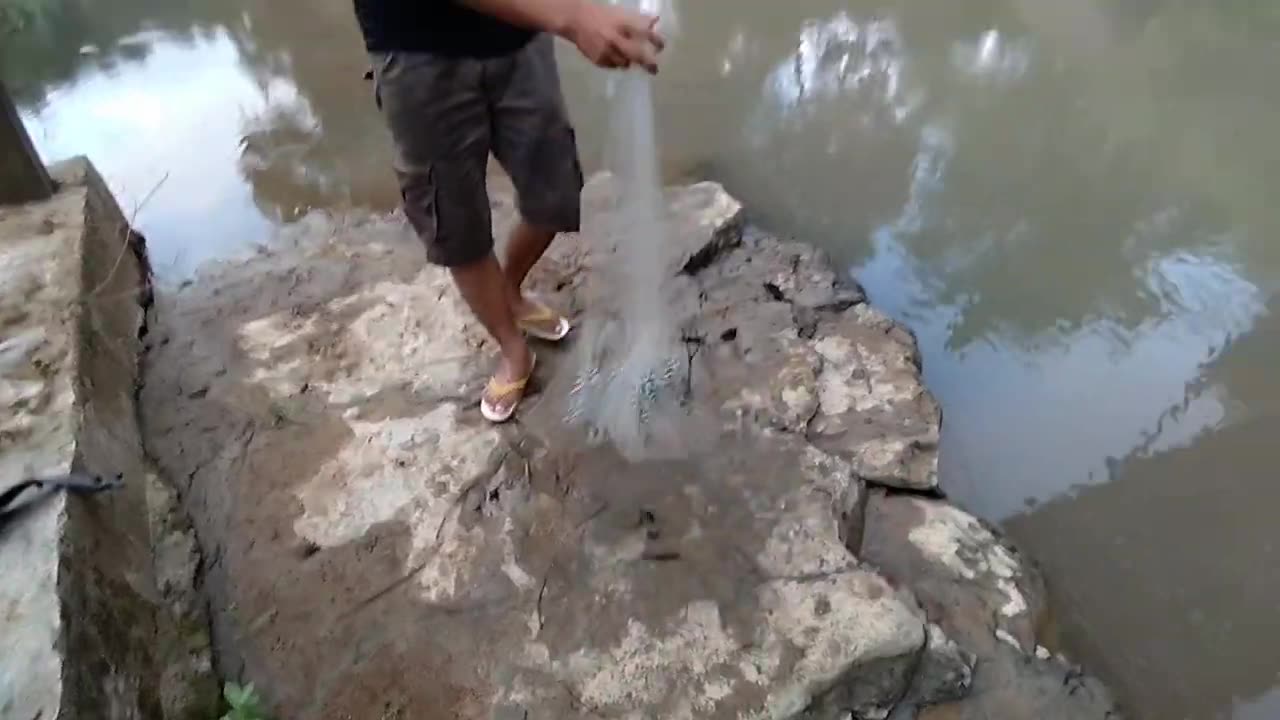 Cast net fishing in river