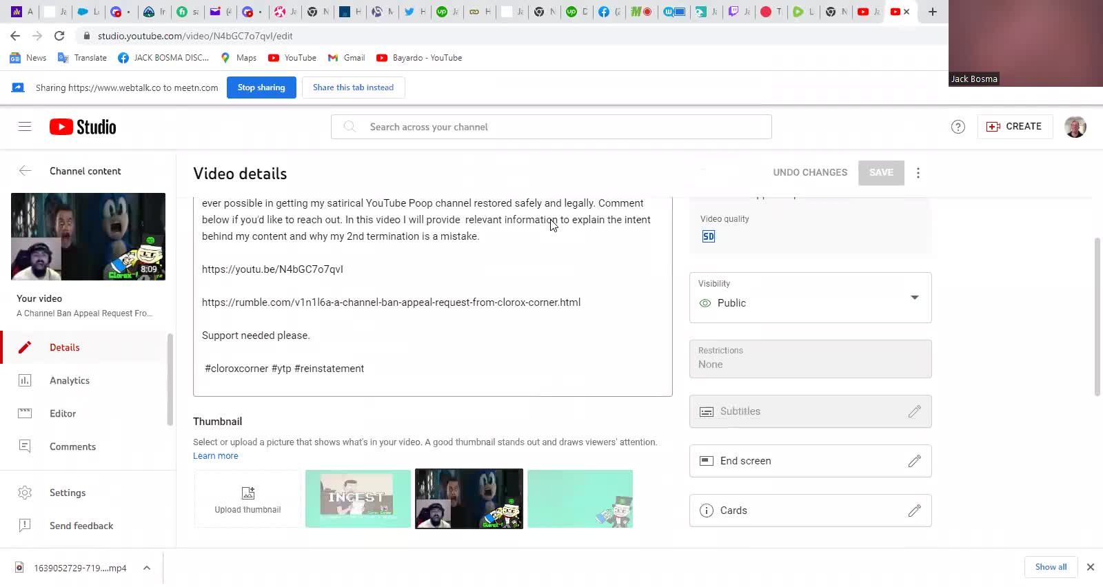 A Channel Ban Appeal Request From Clorox Corner On YouTube