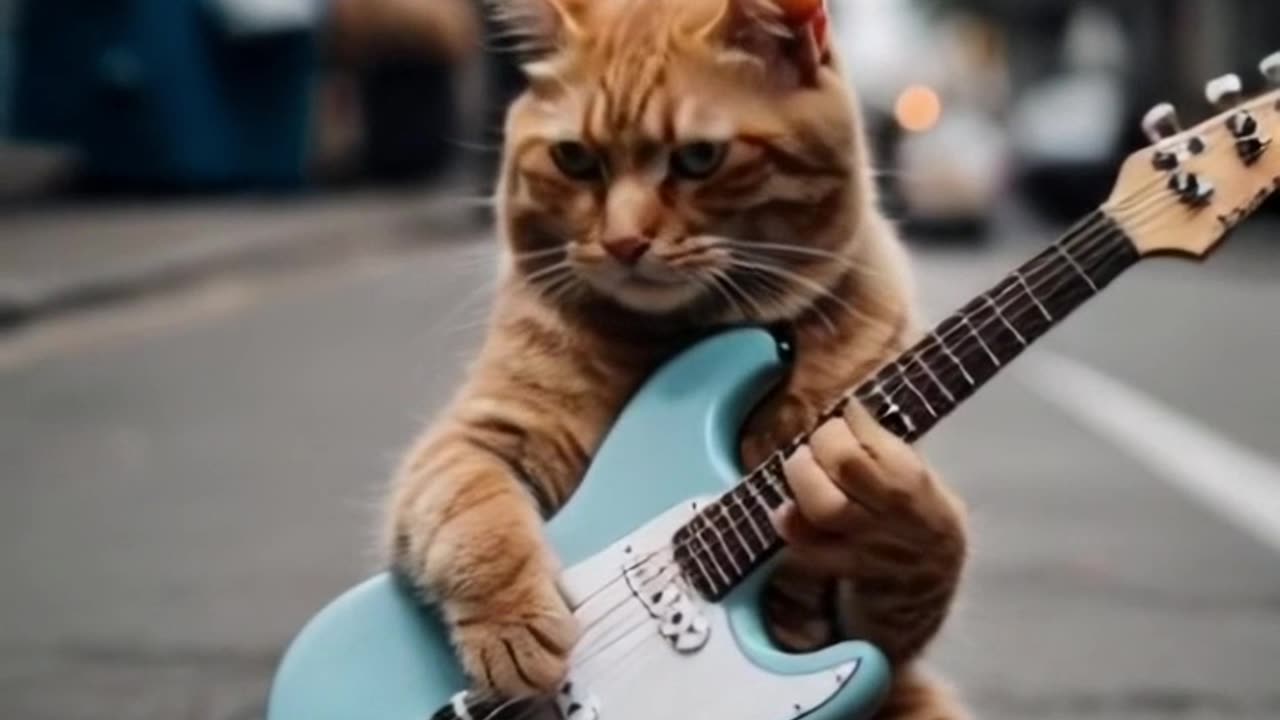 cute cat playing electric guitar