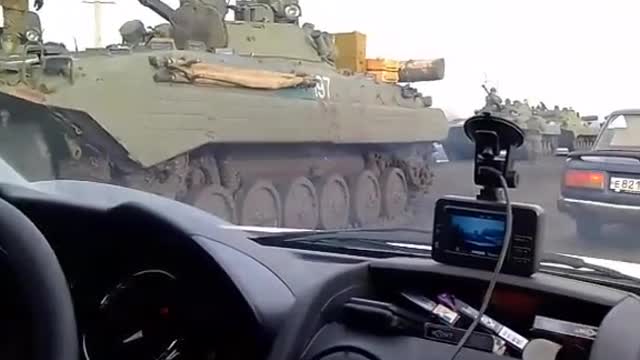 Footage uploaded on February 22, 2022 shows a Russian Armed Forces convoy of what seems to be