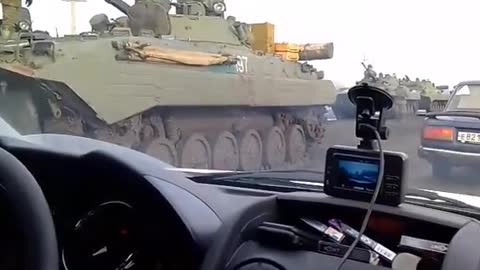 Footage uploaded on February 22, 2022 shows a Russian Armed Forces convoy of what seems to be