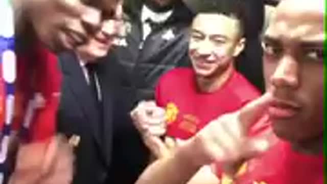 Pogba, Martial, Lingard and Fosu-Mensah celebrating in dressing room