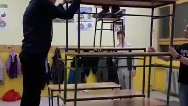 Kids Build A Table Tower And A TEEN Jumps TROUGH The Table!!!