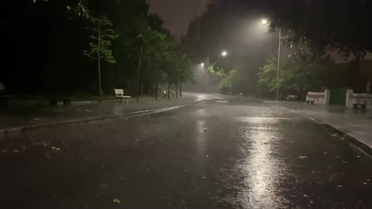 Instantly fall asleep with heavy rain and thunder sounds covering rain in the park-Forest at night